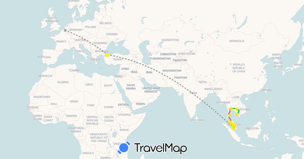 TravelMap itinerary: bus, plane, train, hiking, boat in Belgium, Cambodia, Malaysia, Thailand, Turkey (Asia, Europe)